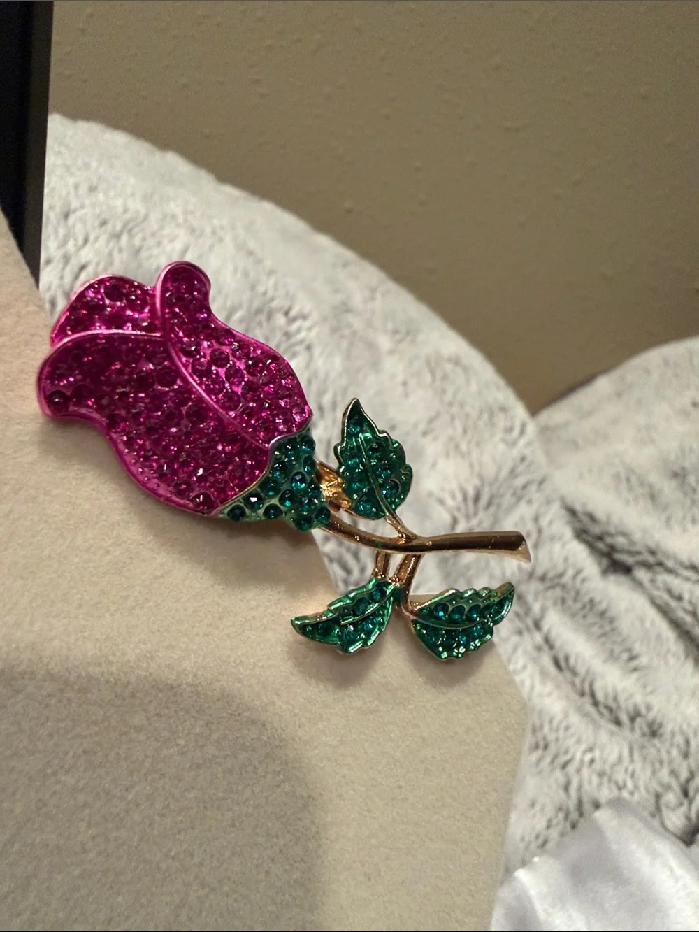 Pink Crystal Rose Brooch with Green Leaves - Women's Jewelry